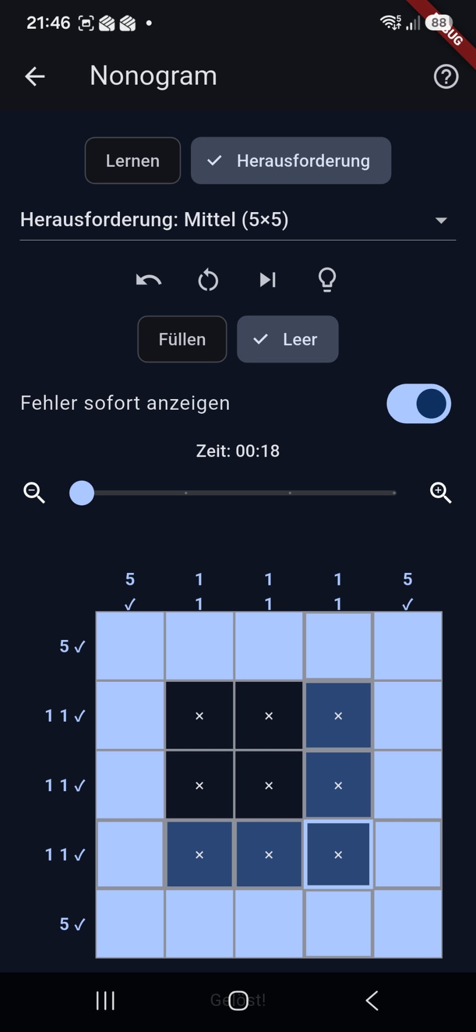 Nonogram-Herausforderung mit 5 mal 5 Raster